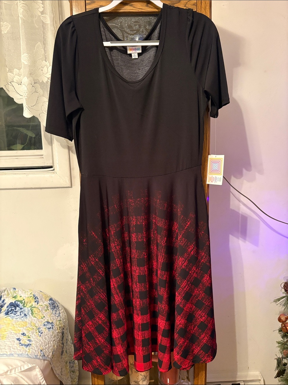 LuLaRoe Black and Red Plaid Midi Fit-and-Flare Dress